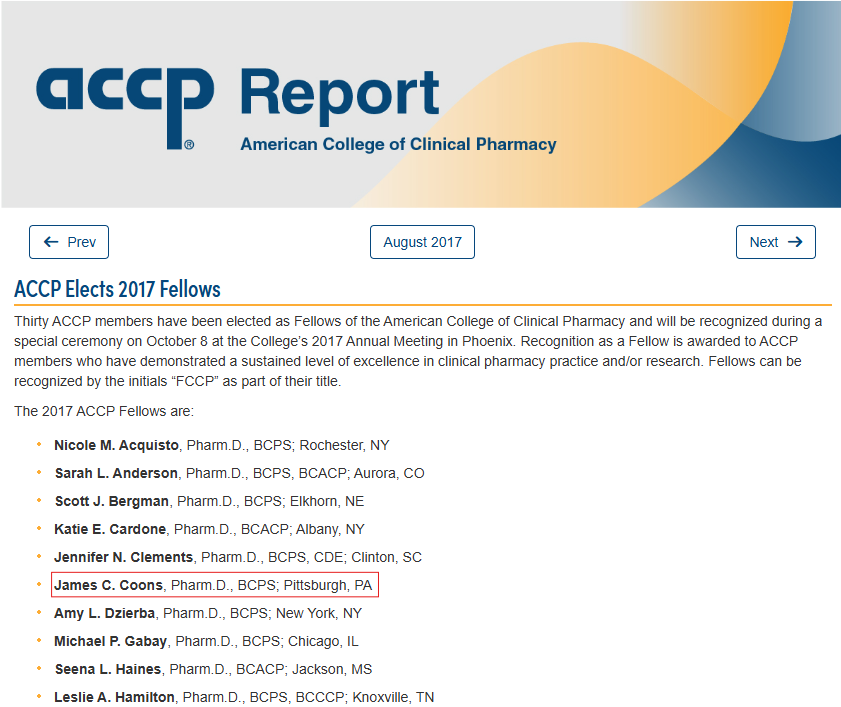 Photo of ACCP report announcing 2017 Fellows